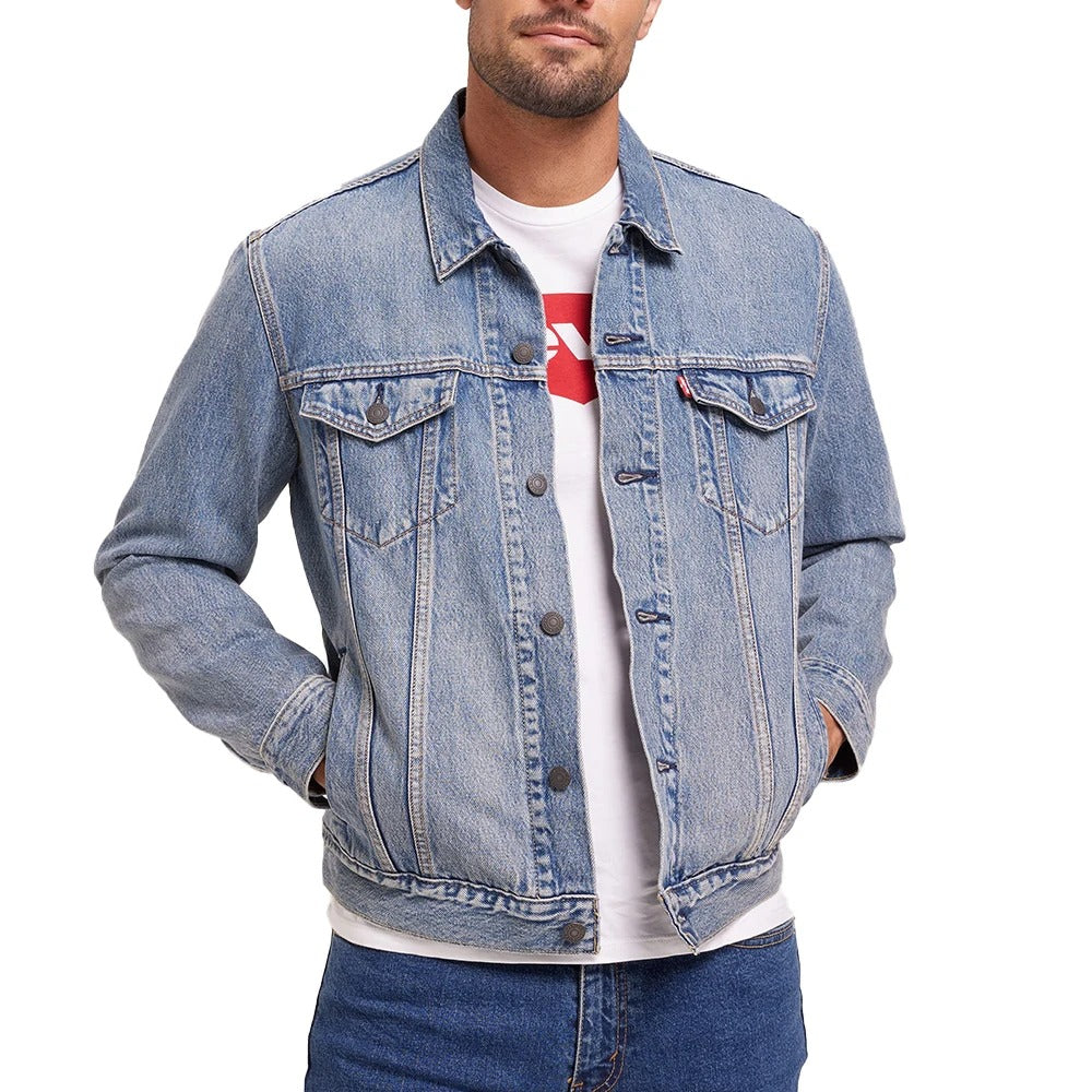 Blue Denim Trucker Jacket with Faded Wash and Button Front