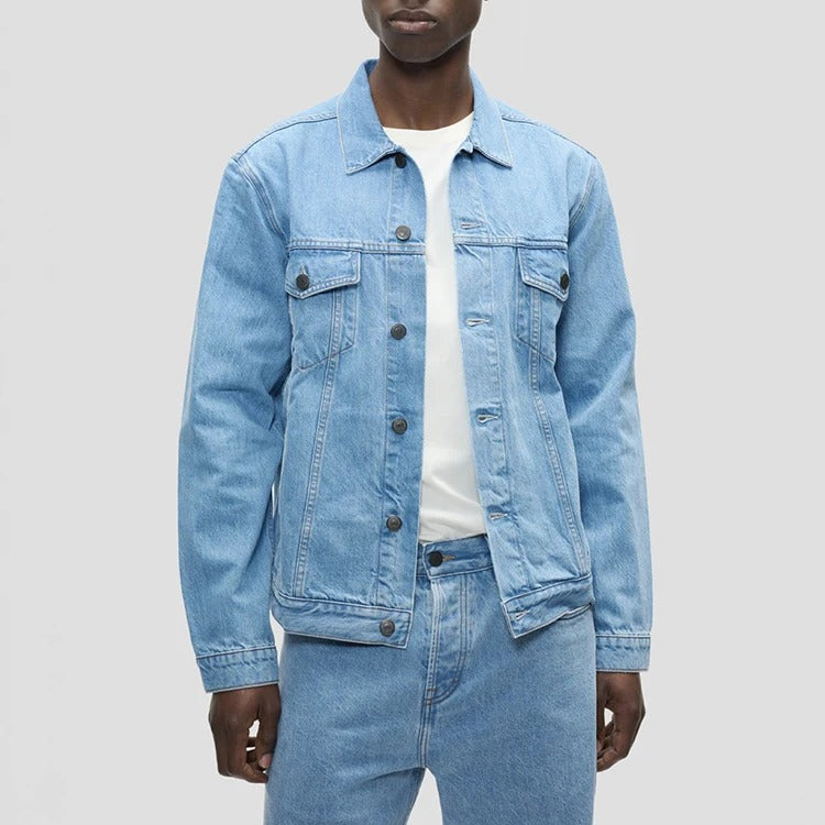 Denim Trucker Jacket in Light-Blue Wash with Button Front