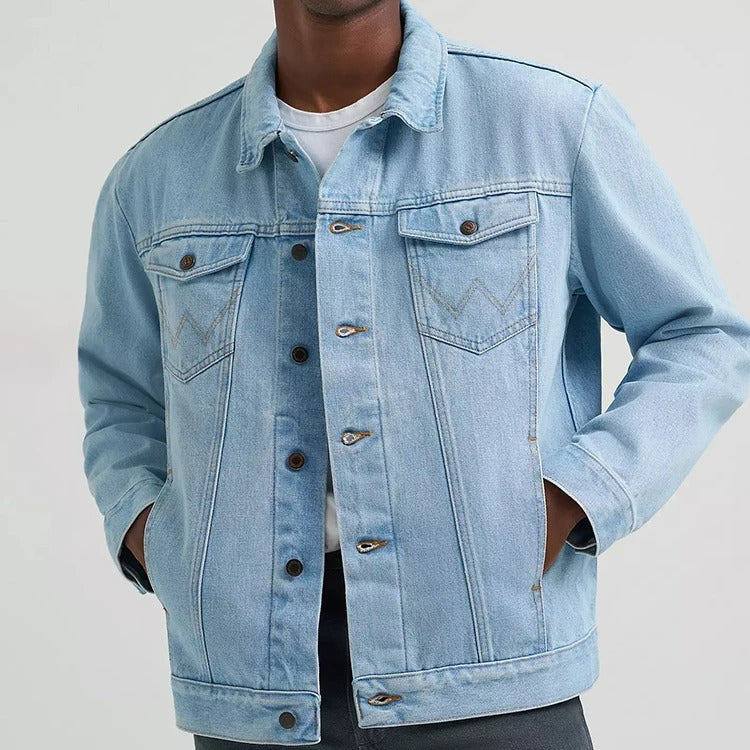 Denim Trucker Jacket in Light Wash with W-Stitch Chest Pockets
