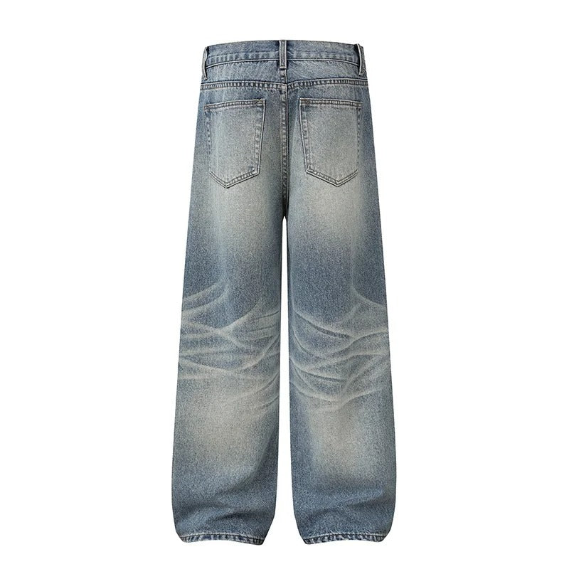 Wide-Leg Blue Denim Jeans with Faded Wash and Whiskering
