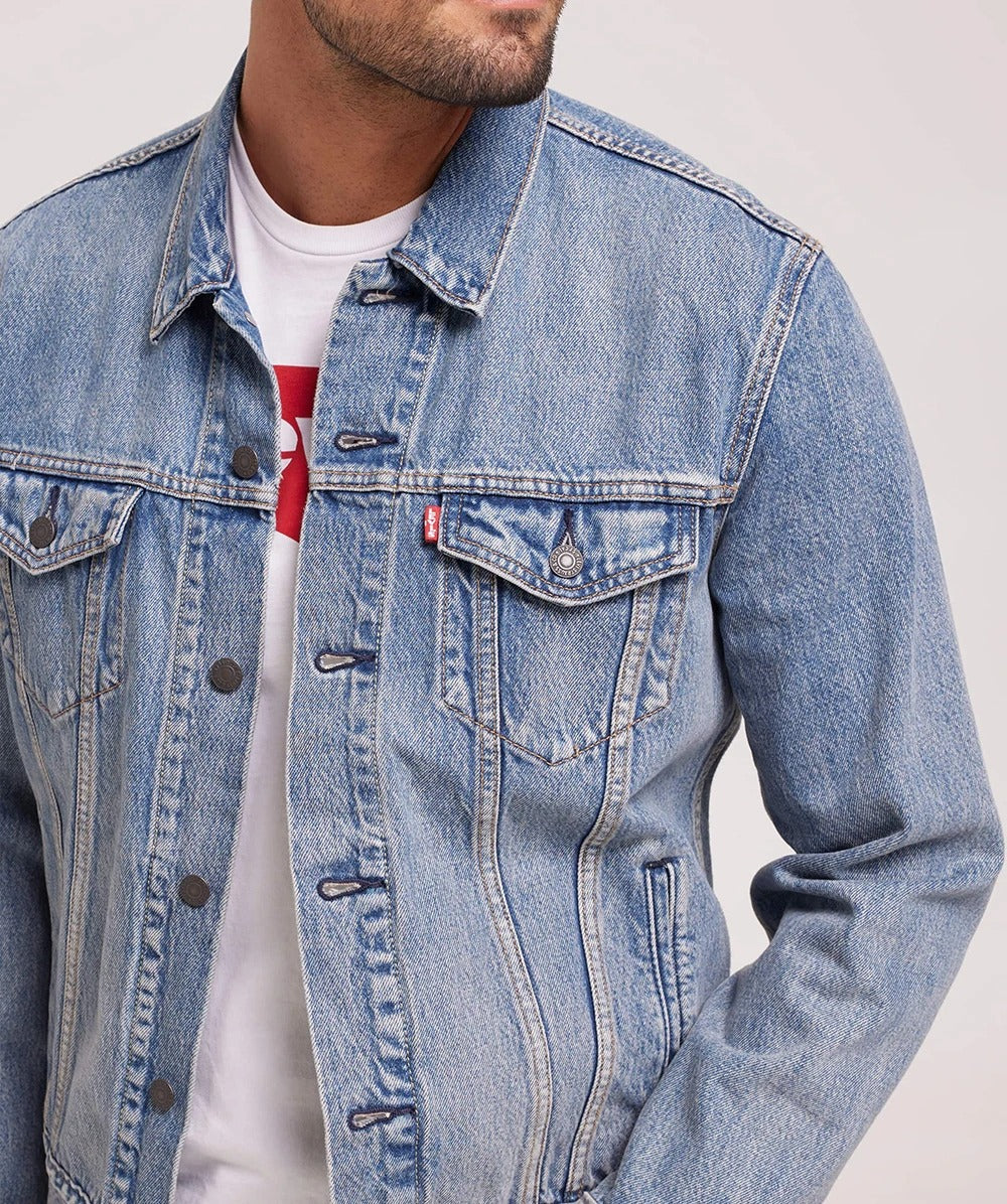 Blue Denim Trucker Jacket with Faded Wash and Button Front