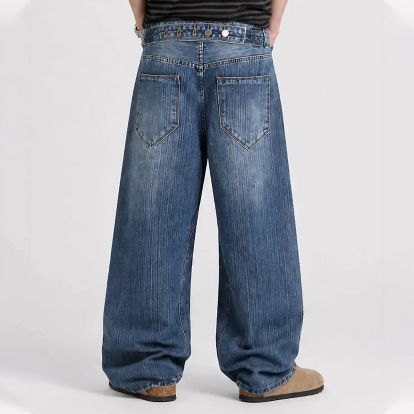 Wide-Leg Blue Denim Jeans with Streaky Wash and Waistband Detail
