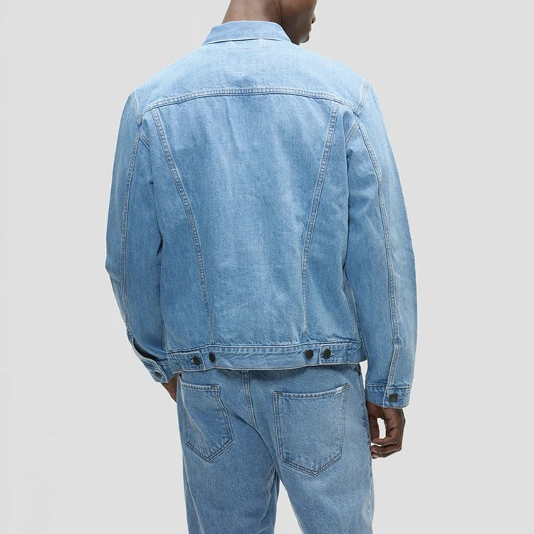 Denim Trucker Jacket in Light-Blue Wash with Button Front