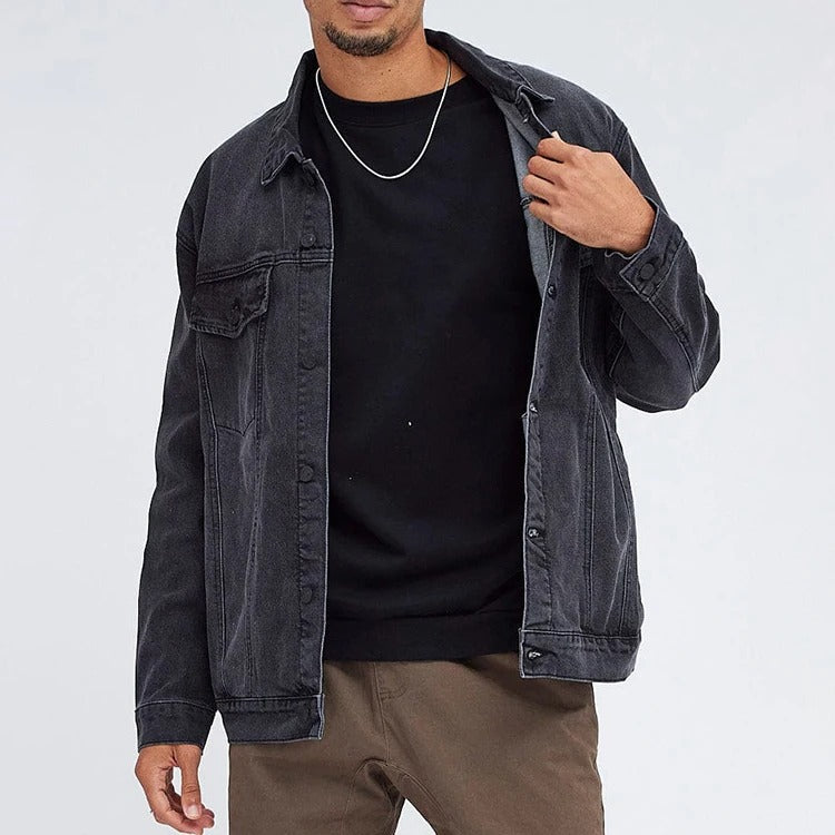 Denim Trucker Jacket in Washed Black with Button Front