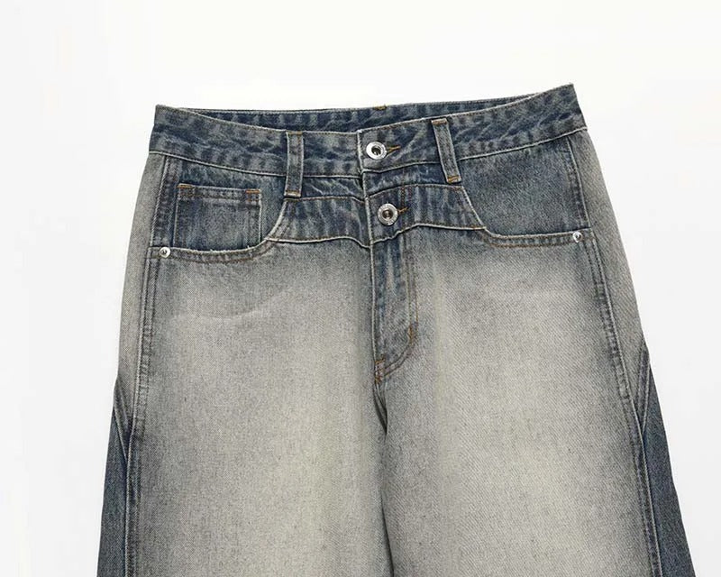 Wide-Leg Blue Denim Jeans with Faded Wash and Double-Button Waist