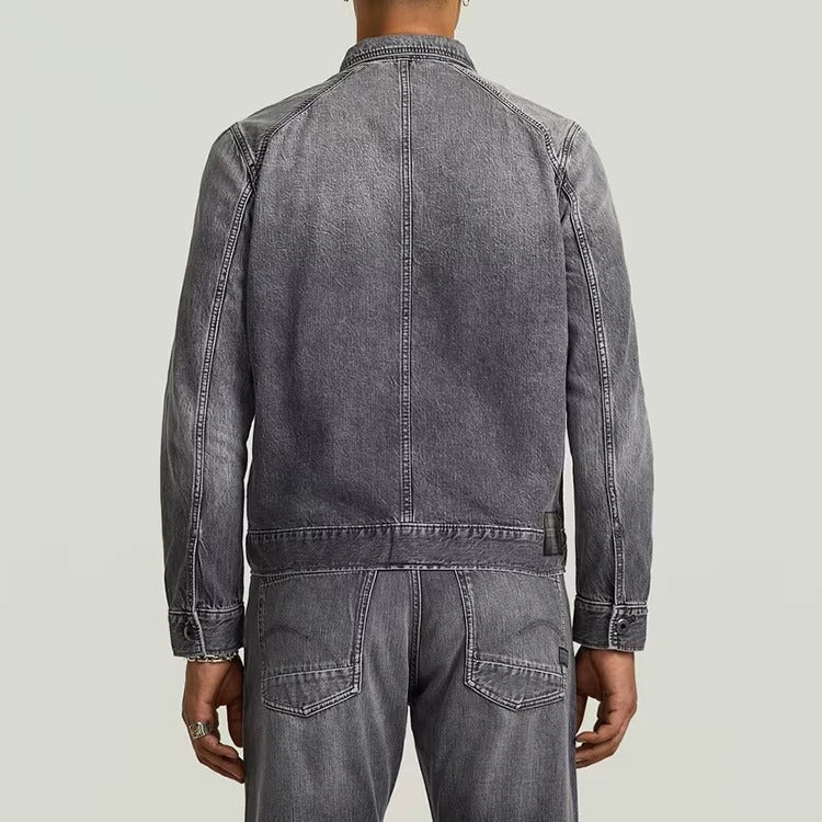 Denim Trucker Jacket in Grey Wash with Contrast Stitching