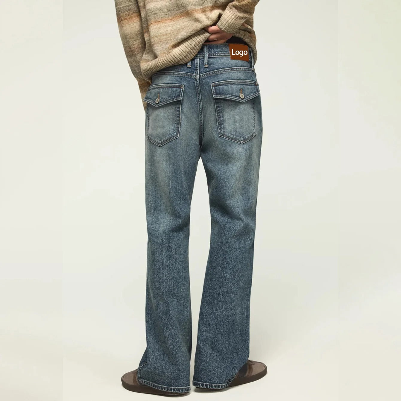 Bootcut Blue Denim Jeans with Faded Wash and Flap Back Pockets
