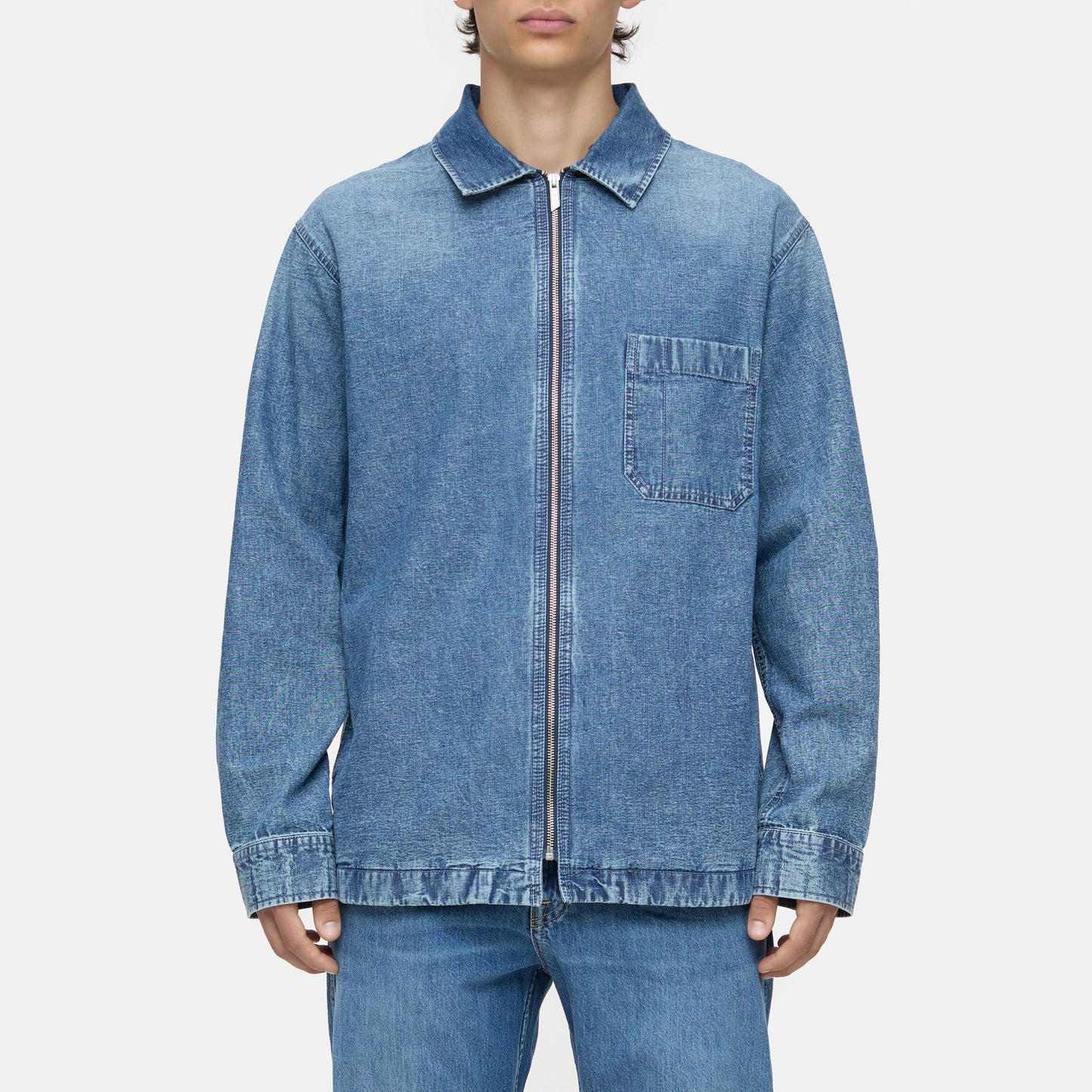 Zip-Front Blue Denim Overshirt with Chest Pocket