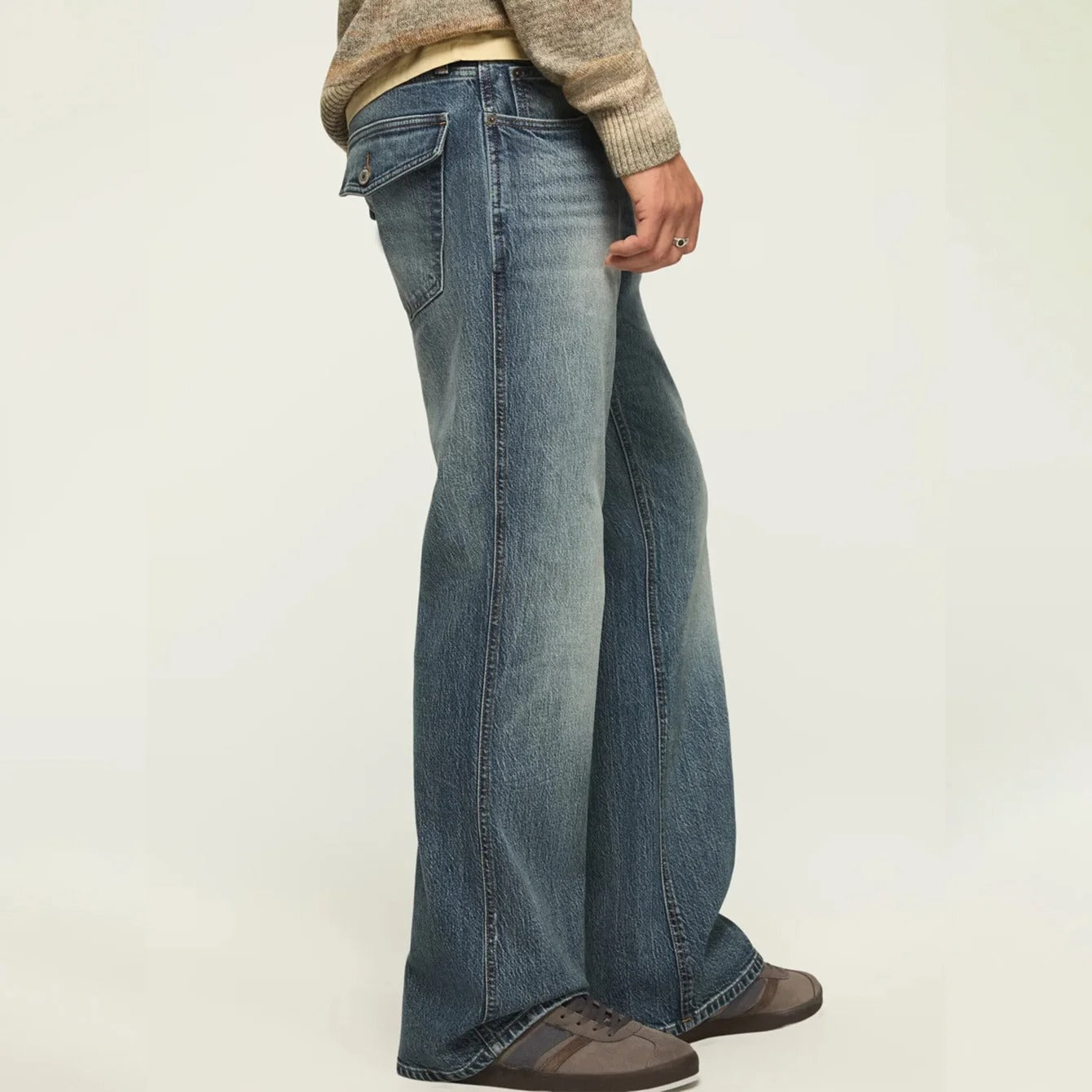 Bootcut Blue Denim Jeans with Faded Wash and Flap Back Pockets