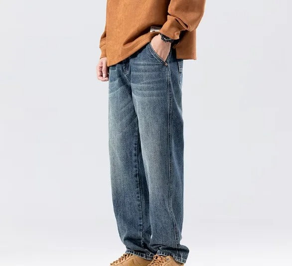 Straight-Leg Blue Denim Jeans with Faded Wash and Flap Back Pocket