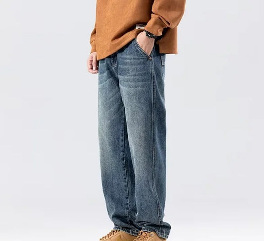 Straight-Leg Blue Denim Jeans with Faded Wash and Flap Back Pocket