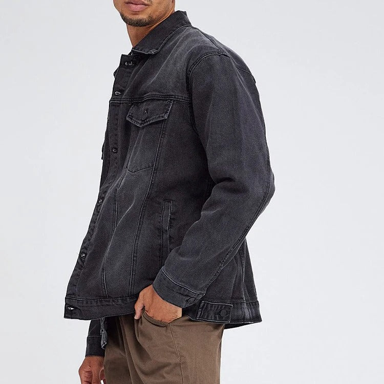Denim Trucker Jacket in Washed Black with Button Front