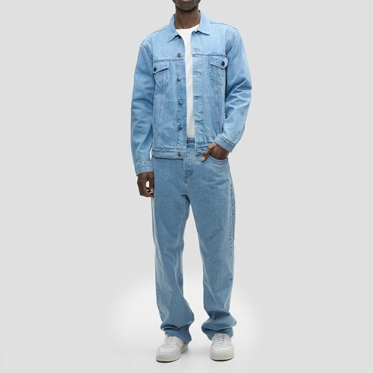Denim Trucker Jacket in Light-Blue Wash with Button Front