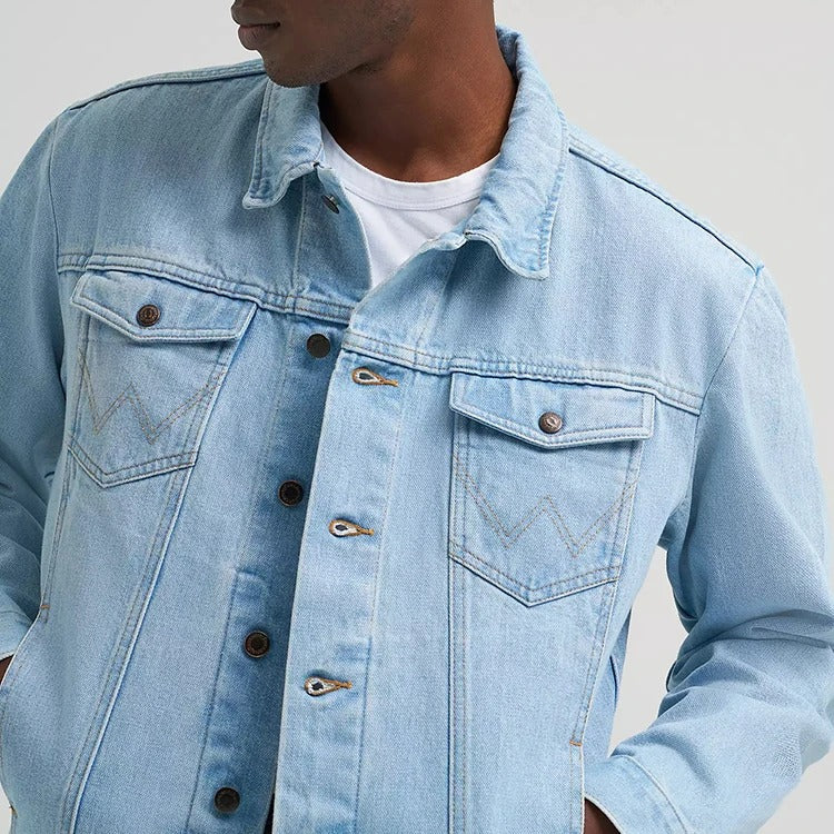 Denim Trucker Jacket in Light Wash with W-Stitch Chest Pockets
