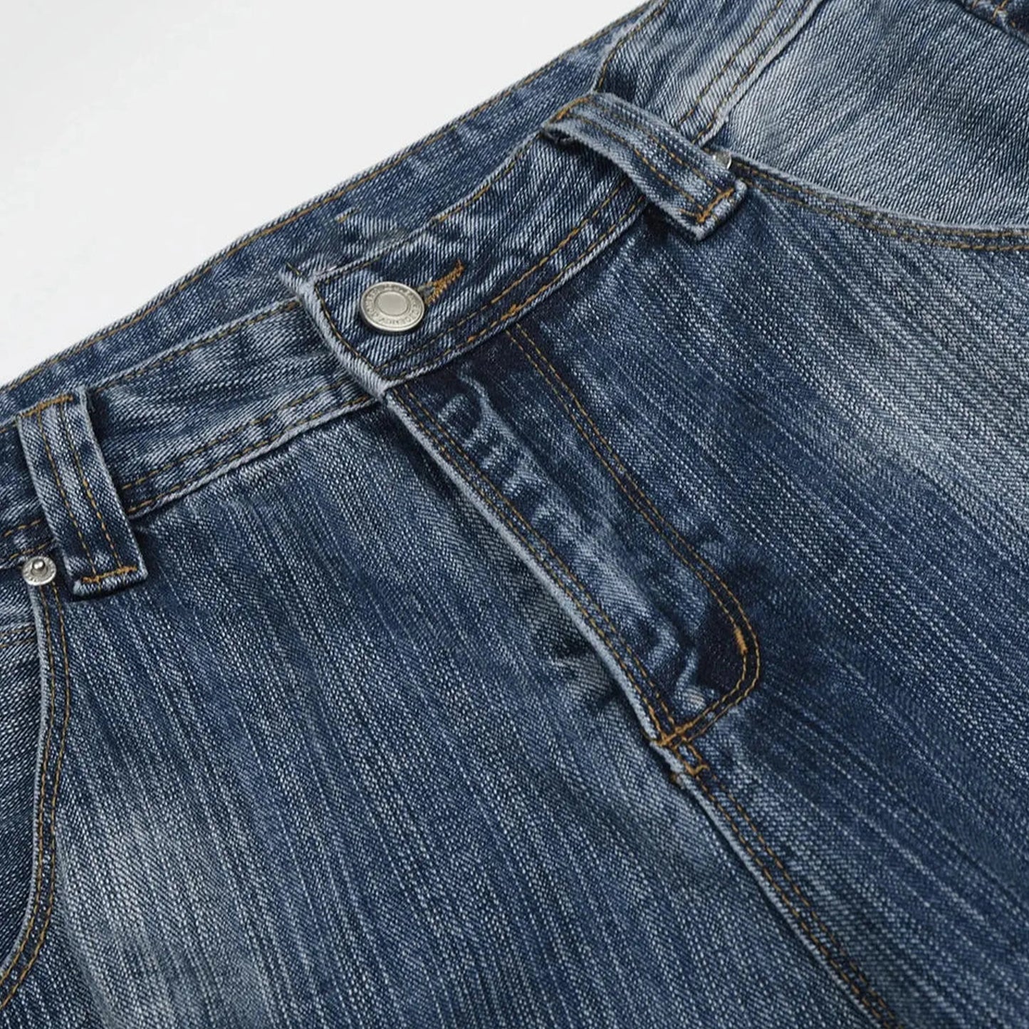 Wide-Leg Blue Denim Jeans with Streaky Wash and Waistband Detail