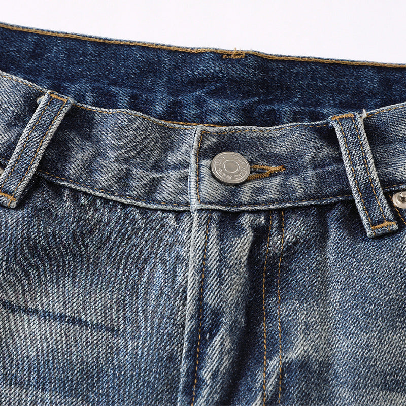 Wide-Leg Blue Denim Jeans with Faded Wash and Whiskering