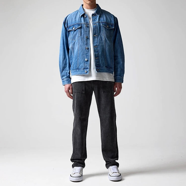 Denim Trucker Jacket in Mid-Blue Wash with Button Front