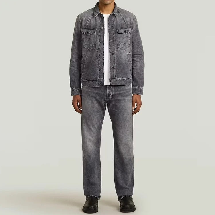 Denim Trucker Jacket in Grey Wash with Contrast Stitching
