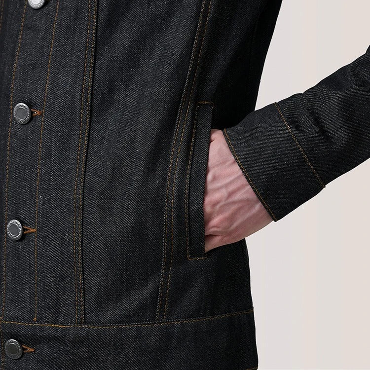 Denim Trucker Jacket in Raw Indigo with Contrast Stitching