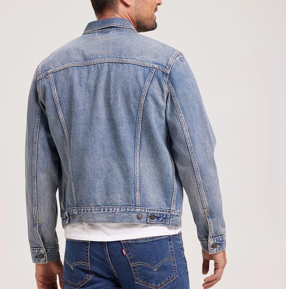 Blue Denim Trucker Jacket with Faded Wash and Button Front