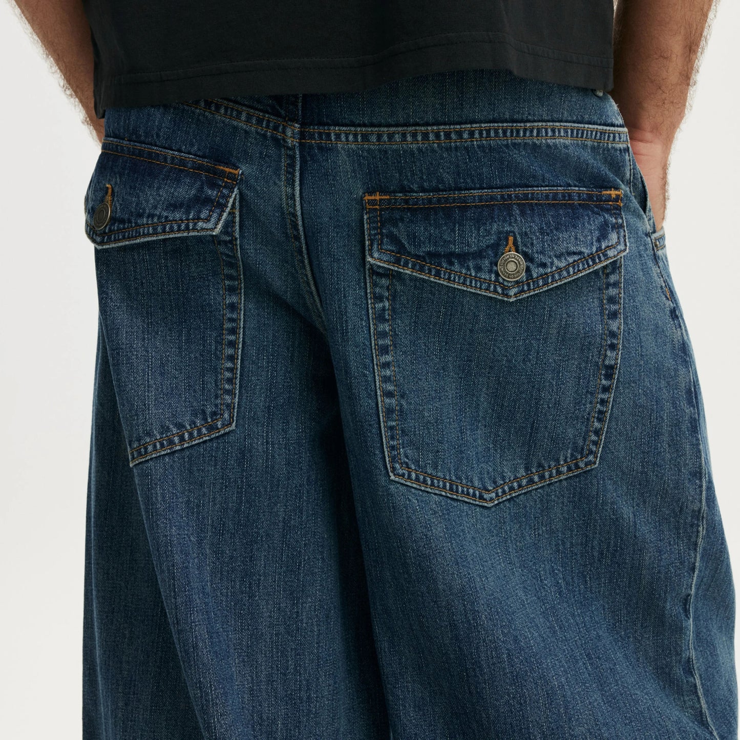 Wide-Leg Dark Blue Denim Jeans with Flap Back Pockets