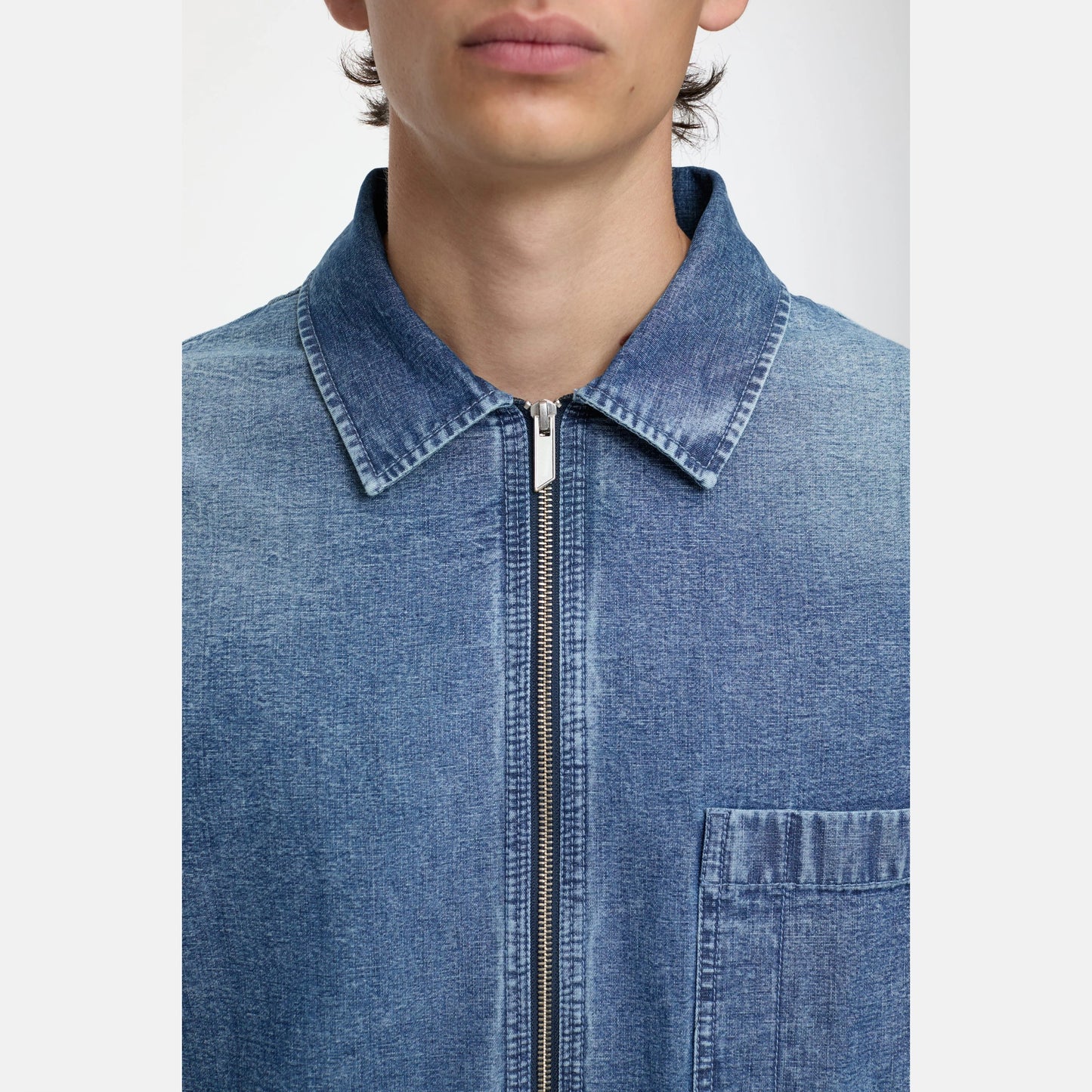 Zip-Front Blue Denim Overshirt with Chest Pocket
