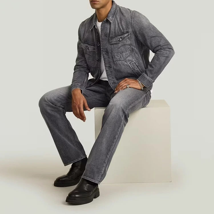 Denim Trucker Jacket in Grey Wash with Contrast Stitching