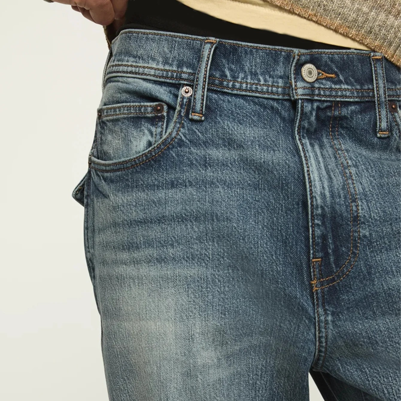 Bootcut Blue Denim Jeans with Faded Wash and Flap Back Pockets