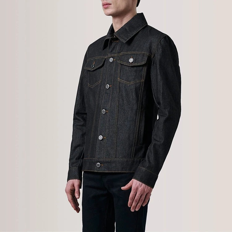 Denim Trucker Jacket in Raw Indigo with Contrast Stitching