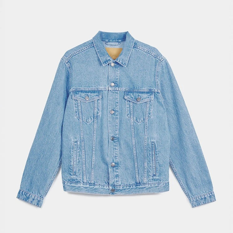 Denim Trucker Jacket in Light-Blue Wash with Button Front