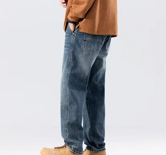 Straight-Leg Blue Denim Jeans with Faded Wash and Flap Back Pocket