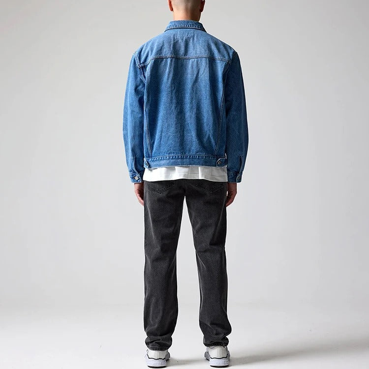 Denim Trucker Jacket in Mid-Blue Wash with Button Front