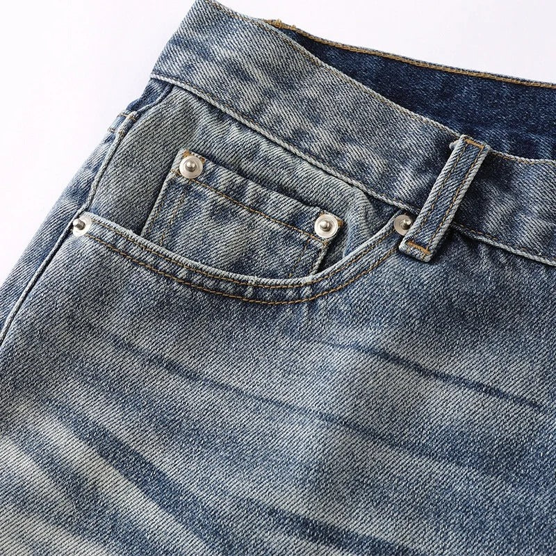 Wide-Leg Blue Denim Jeans with Faded Wash and Whiskering