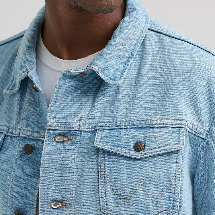 Denim Trucker Jacket in Light Wash with W-Stitch Chest Pockets