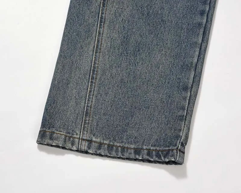 Wide-Leg Blue Denim Jeans with Faded Wash and Double-Button Waist