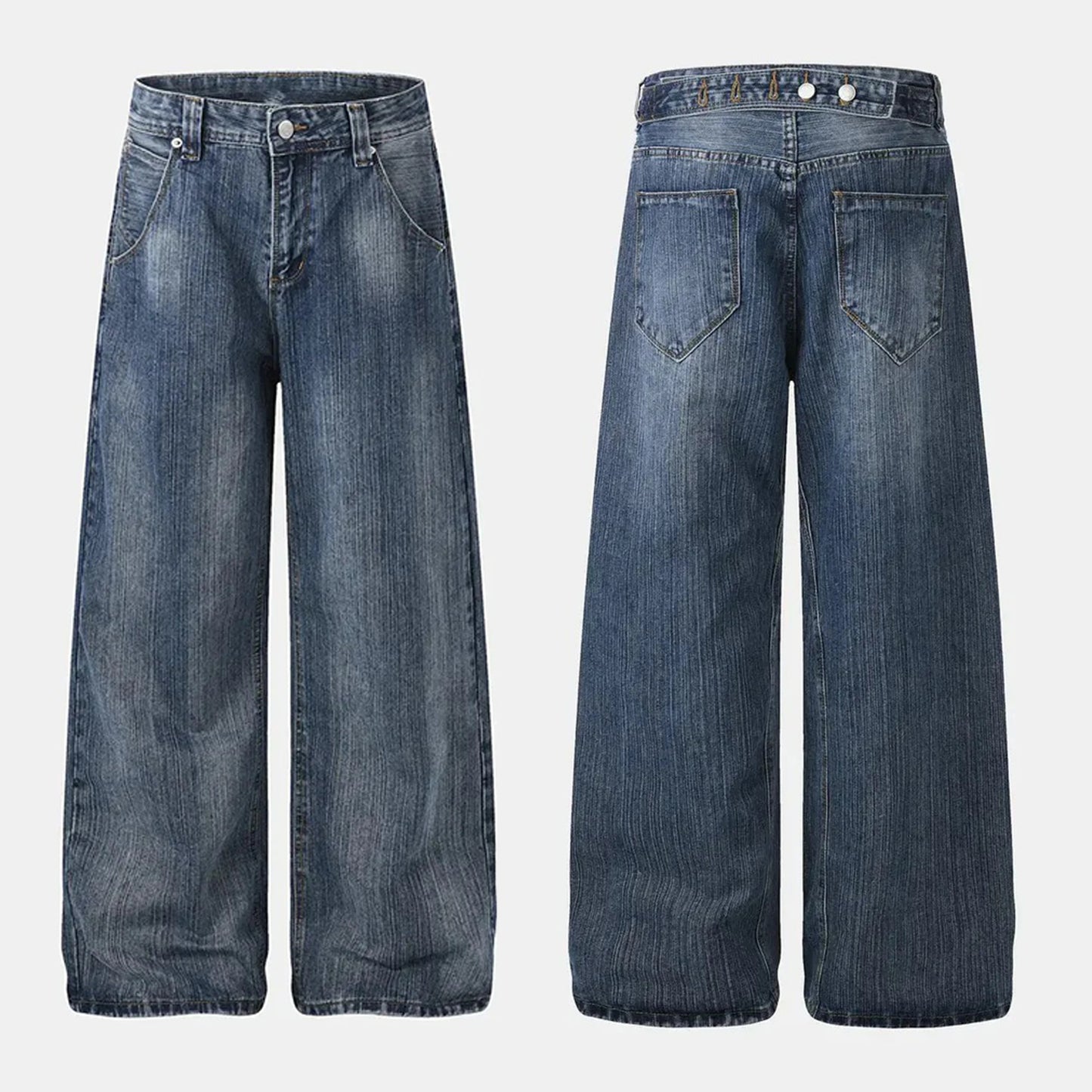 Wide-Leg Blue Denim Jeans with Streaky Wash and Waistband Detail