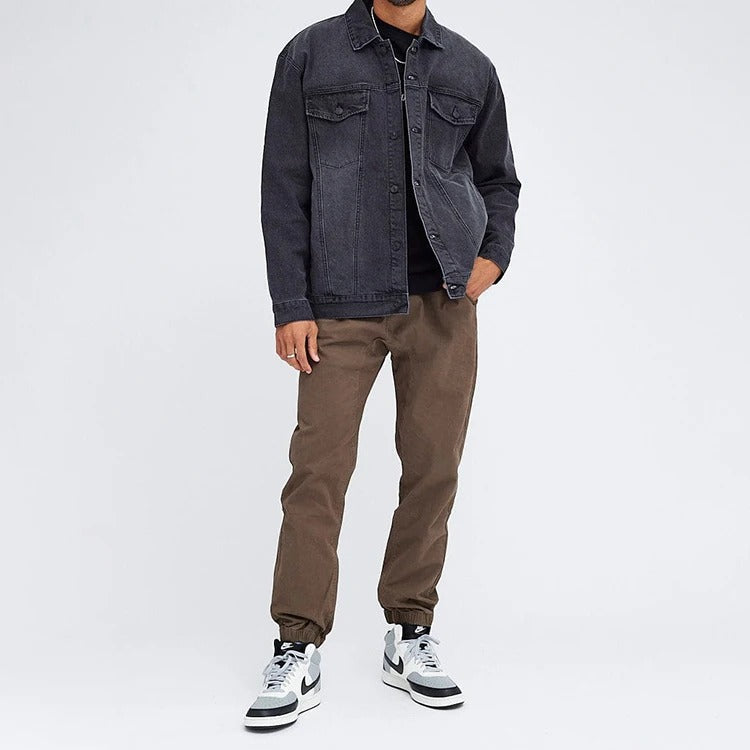 Denim Trucker Jacket in Washed Black with Button Front