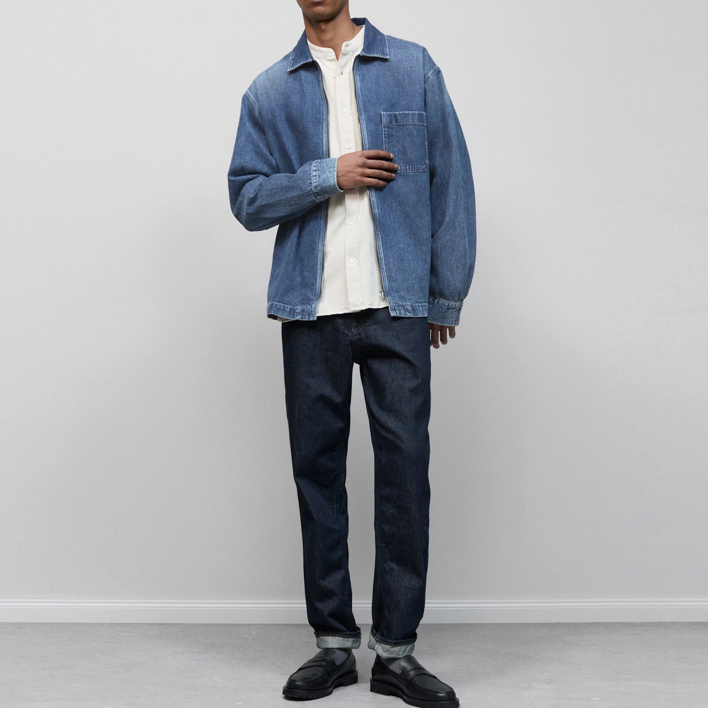 Zip-Front Blue Denim Overshirt with Chest Pocket