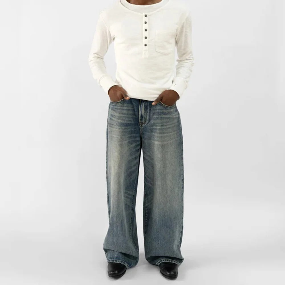Wide-Leg Blue Denim Jeans with Faded Vintage Wash and Whiskering
