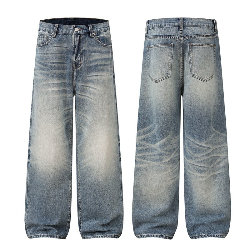 Wide-Leg Blue Denim Jeans with Faded Wash and Whiskering