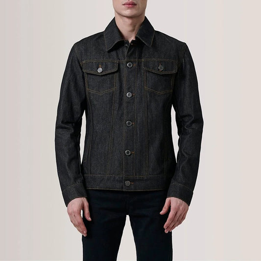 Denim Trucker Jacket in Raw Indigo with Contrast Stitching