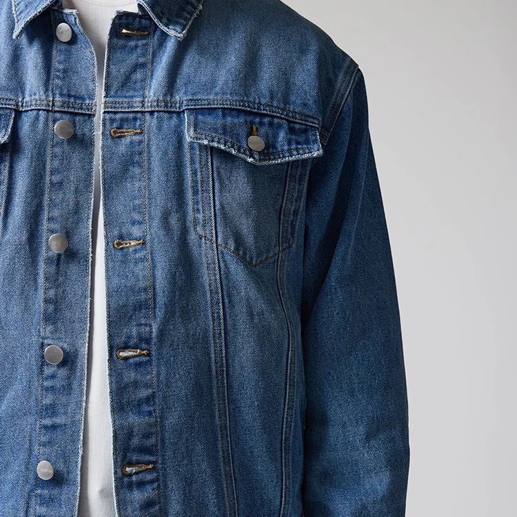 Denim Trucker Jacket in Mid-Blue Wash with Button Front