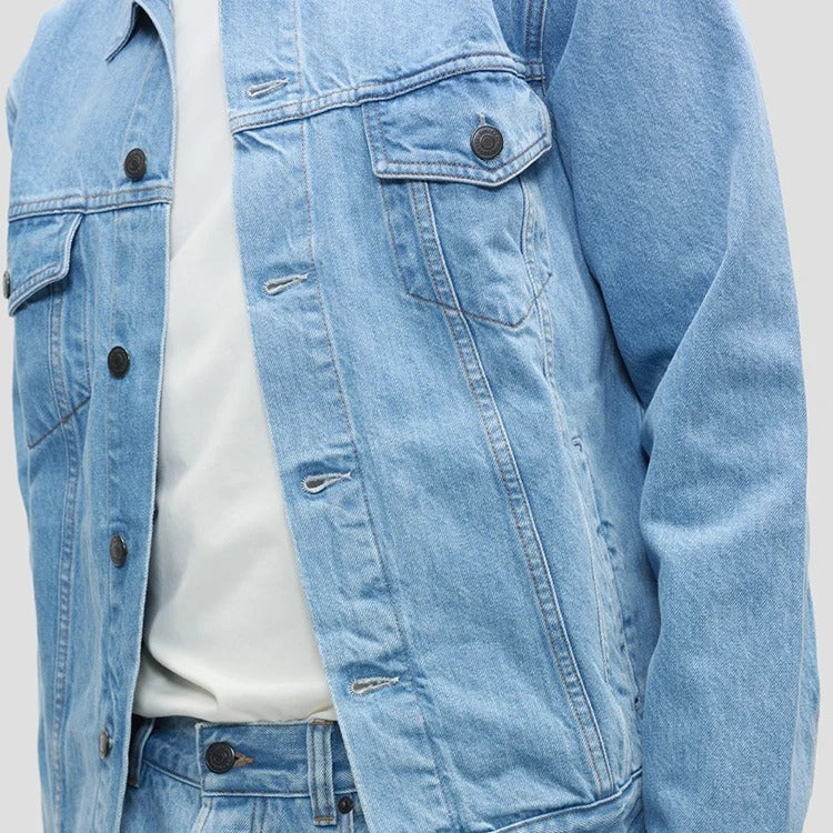 Denim Trucker Jacket in Light-Blue Wash with Button Front