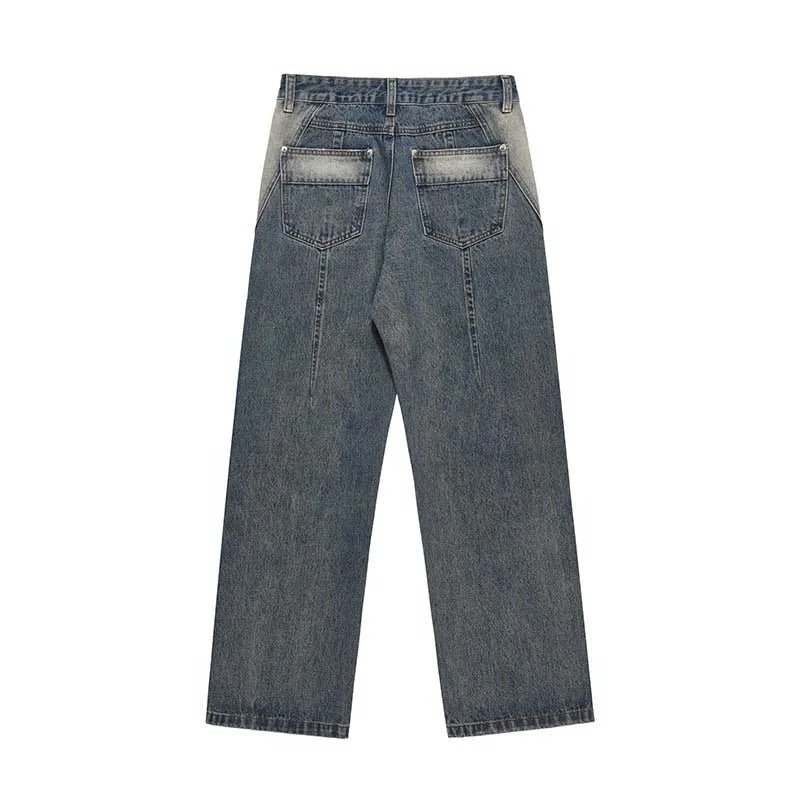 Wide-Leg Blue Denim Jeans with Faded Wash and Double-Button Waist