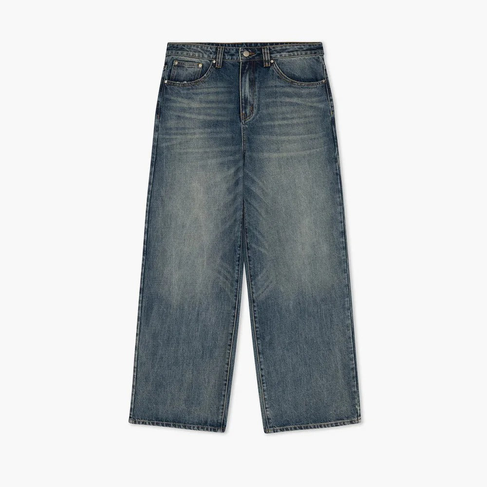 Wide-Leg Blue Denim Jeans with Faded Vintage Wash and Whiskering