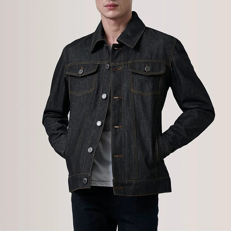 Denim Trucker Jacket in Raw Indigo with Contrast Stitching