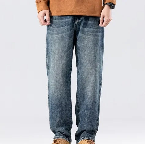 Straight-Leg Blue Denim Jeans with Faded Wash and Flap Back Pocket