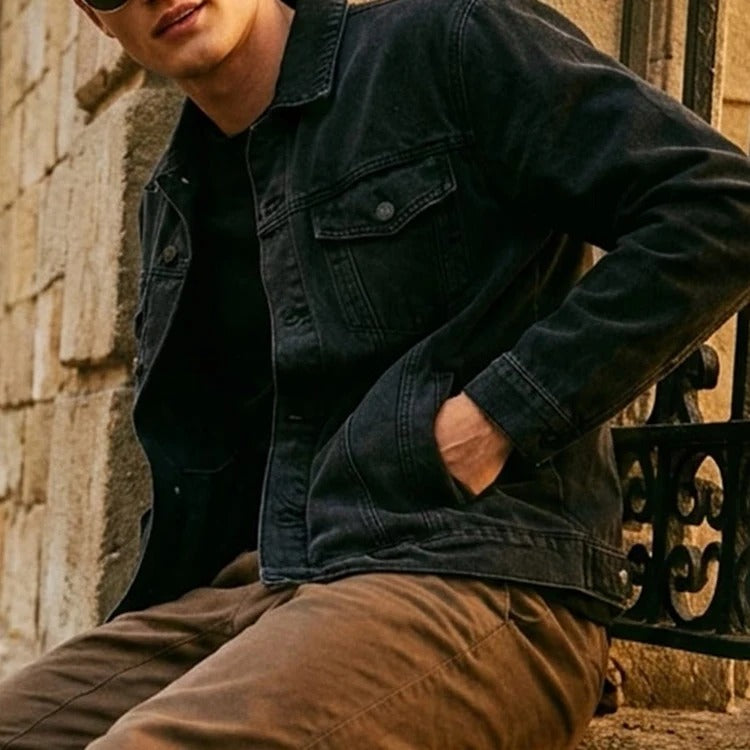 Denim Trucker Jacket in Washed Black with Button Front